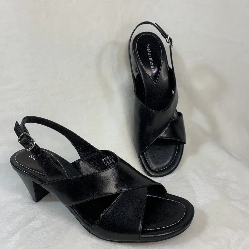 Naturalizer Serenity Black Sling Back Leather Open Toe Heels  EUC Size 7 Width C